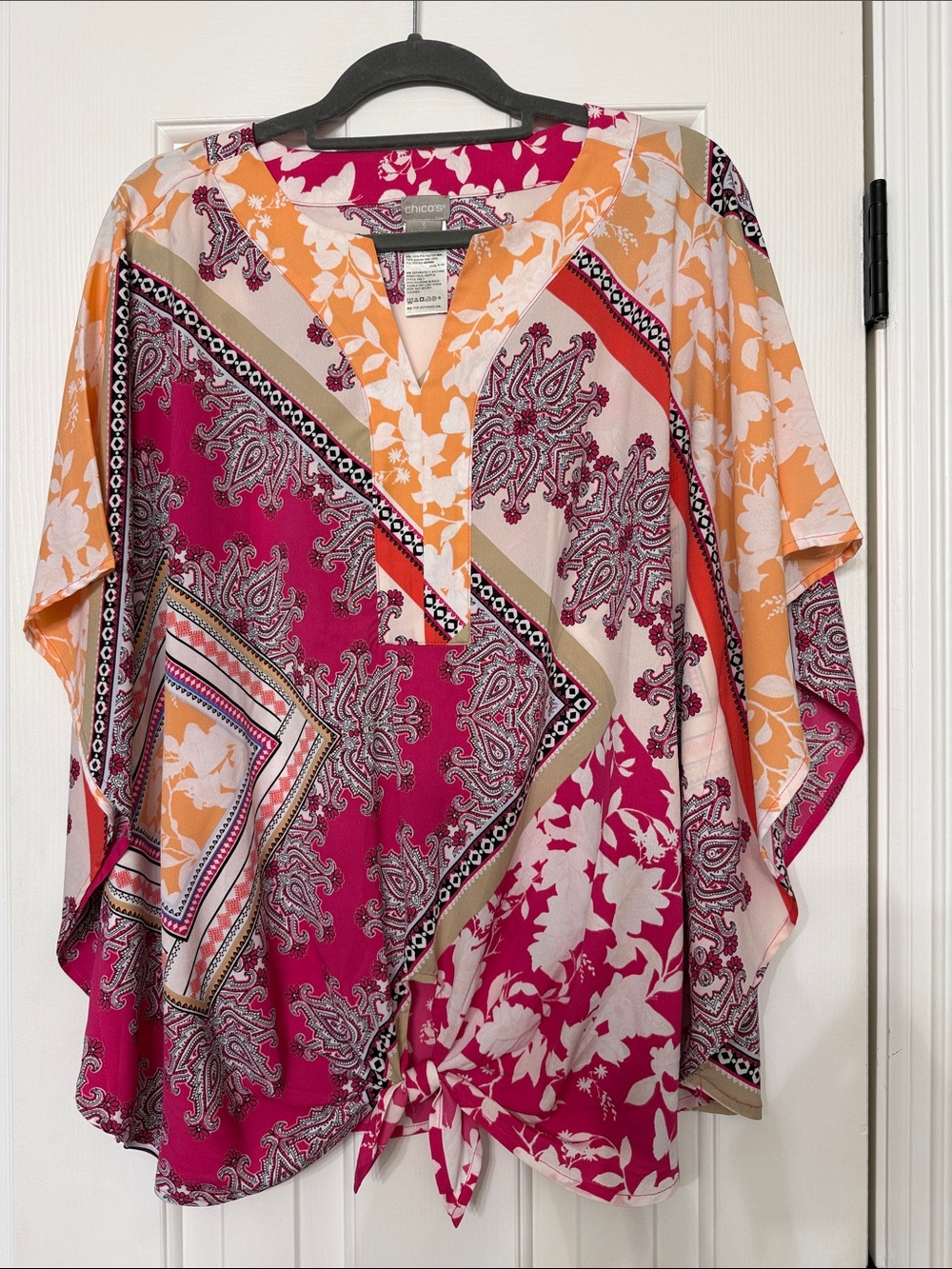 Chico's Pink & Orange Mixed-Print V-Neck Tunic with tie.